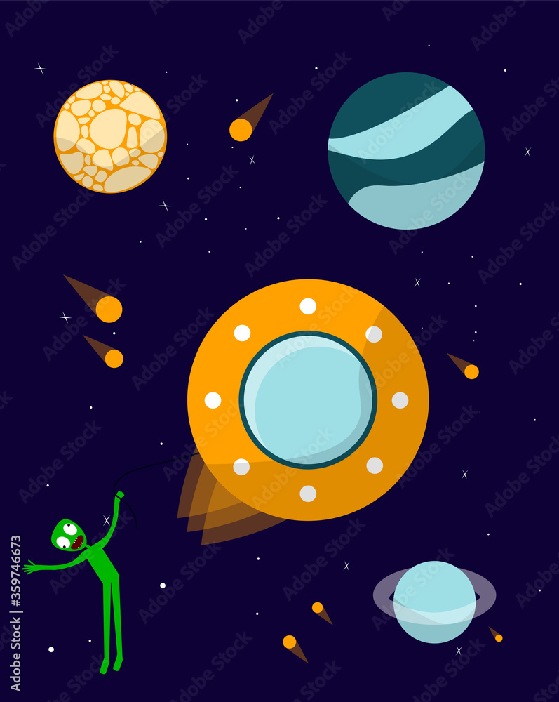 Alien in space entertains.UFO and planets. Vector illustration Alien in space entertains.UFO and planets. Vector illustration