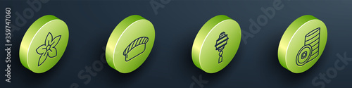 Set Isometric Lotus flower, Sushi, Chinese paper lantern and Chinese Yuan currency icon. Vector...