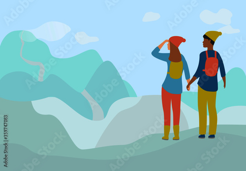 Tourists, travel bloggers interracial couple  hiking in mountains, vector illustration of man and woman explorers, travellers with backpack