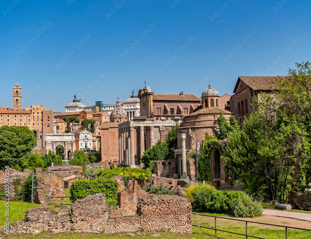 Rome Italy, a view of the Roman forum under clear blue sky