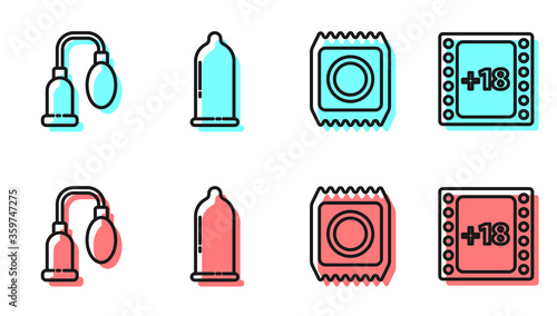 Set line Condom in package safe sex, Penis pump, Condom and Play Video with 18 plus content icon. Vector...