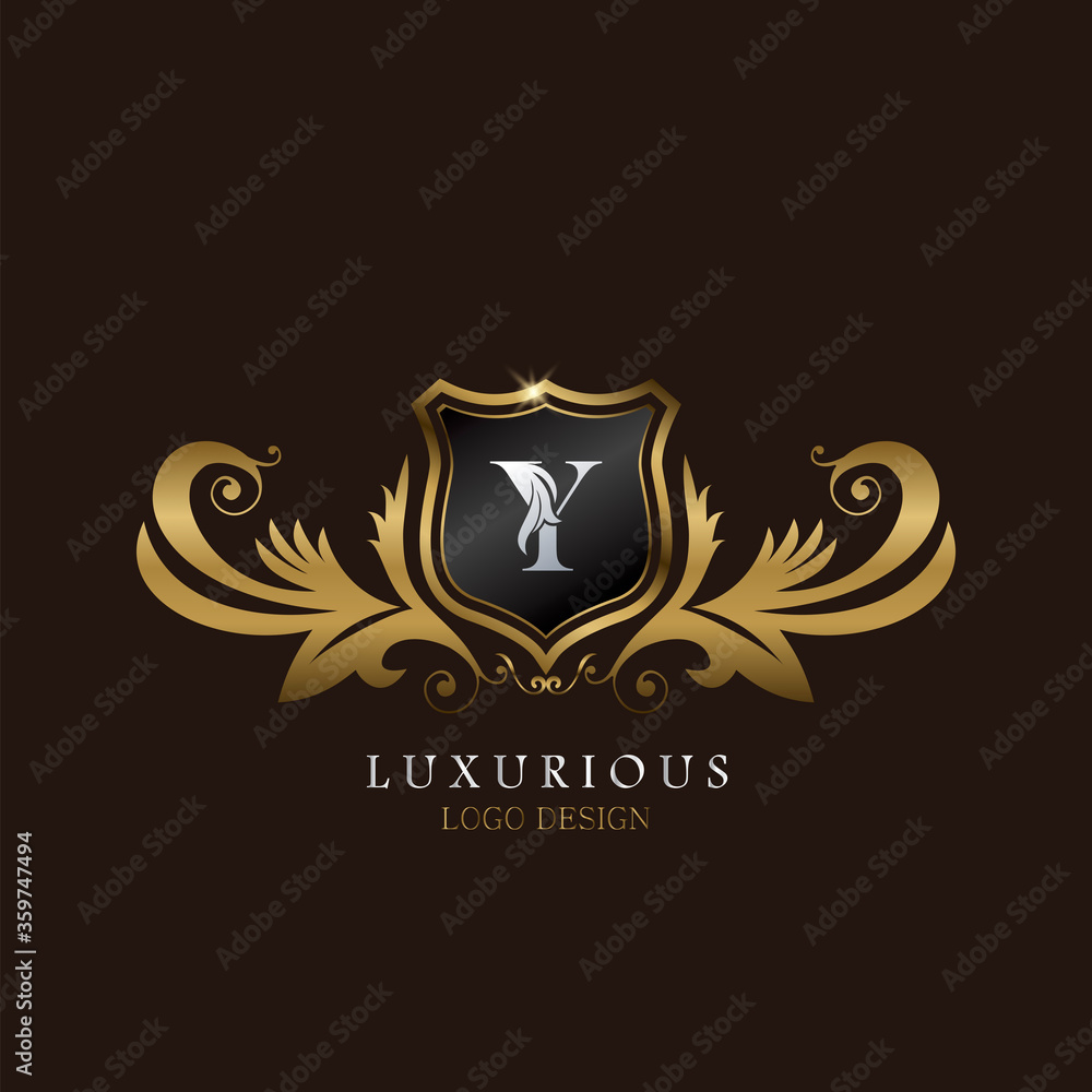 Golden Y Logo Luxurious Shield, creative vector design concept for luxury brand identity. Golden Y Logo Luxurious Shield, creative vector design concept for luxury brand identity.