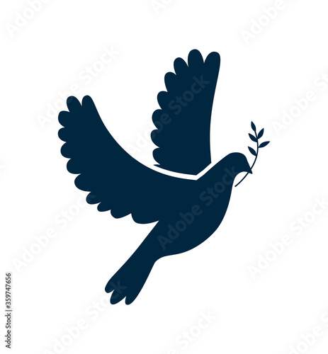 Vector black silhouette of a flying dove with olive branch on a white background. Flying bird. Peace concept. Vector simple icon for presentation, training, marketing, design, web.