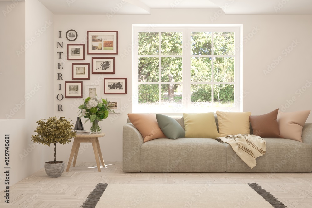 White living room with sofa and summer landscape in window. Scandinavian interior design. 3D illustration White living room with sofa and summer landscape in window. Scandinavian interior design. 3D illustration