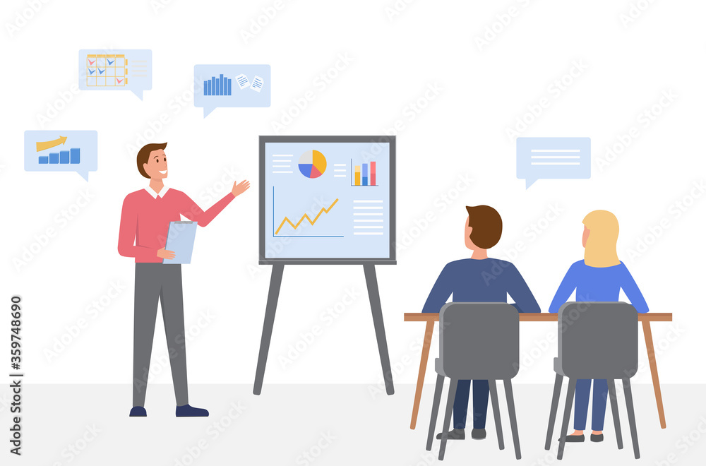 Business meeting. A man makes a presentation and shows infographics on a blackboard. Business seminar. People are sitting at the table. Business meeting. A man makes a presentation and shows infographics on a blackboard. Business seminar. People are sitting at the table.