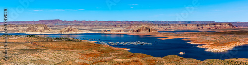 A panorama of Lake Powell and moored boats near to Page, Arizona