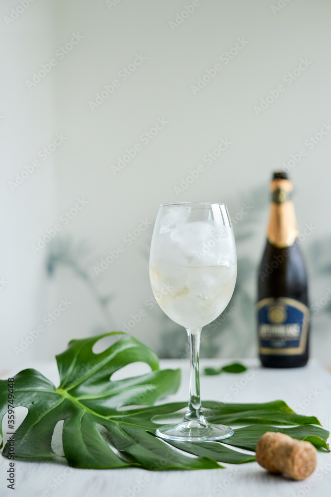 Sparkling wine with ice in glass standing on the green mostera leaf on the white table and champagne bottle Sparkling wine with ice in glass standing on the green mostera leaf on the white table and champagne bottle