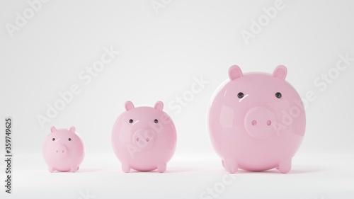 pink piggy bank different size. money saving concept on white background. 3d render.