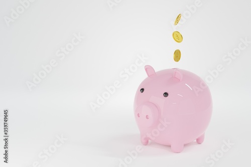 pink piggy bank with coins. money saving concept on white background. 3d render.