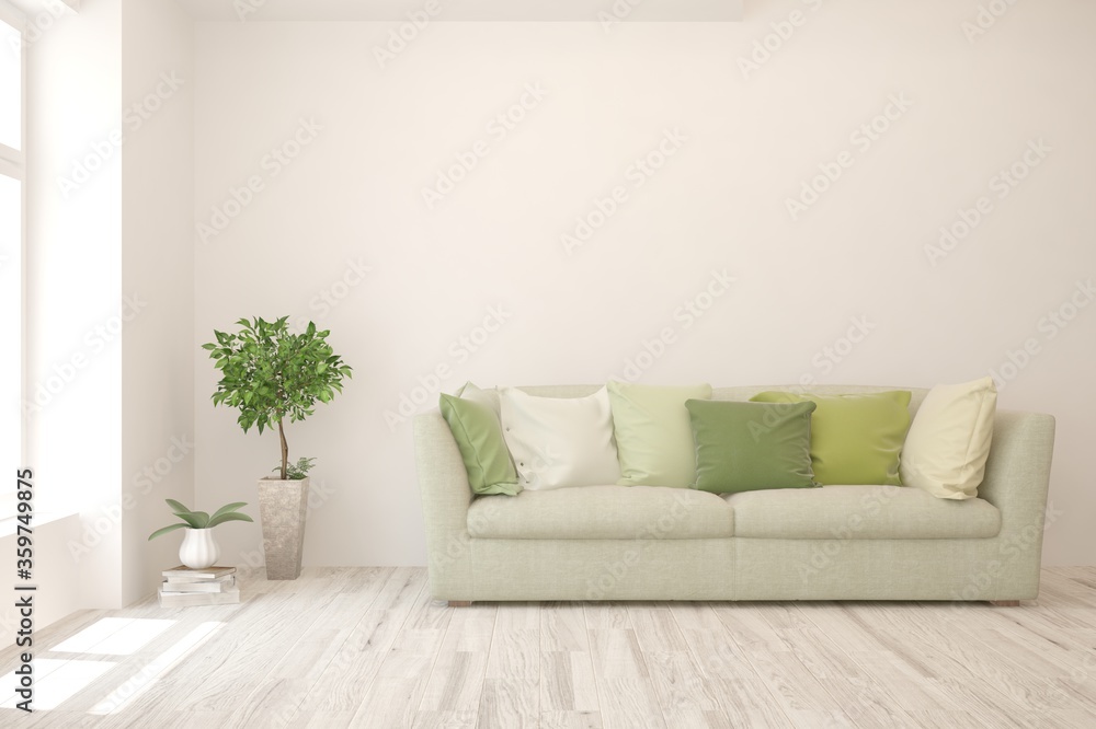 White living room with sofa. Scandinavian interior design. 3D illustration White living room with sofa. Scandinavian interior design. 3D illustration