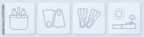 Set line Cooler bag and water, Rubber flippers, Rubber flippers and Beach with umbrella and chair. White square button. Vector