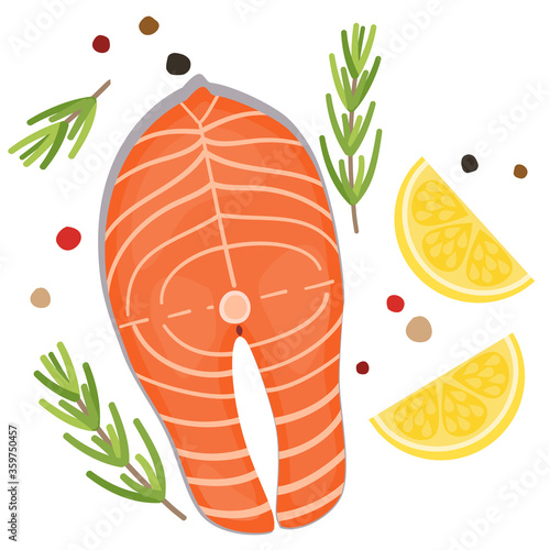 flat design healthy eating and fresh diet ingredient concept illustration decoration flat lay top view isolated on white background. Salmon fillet with herb pepper,lemon,rosemary, thyme 