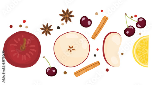 Top view fruit and herb, spice, ingredients, recipe illustration in theme of healthy food of winter and fall season. Red apple, cherry, lemon, cinnamon, star anise, pepper Isolated on white background