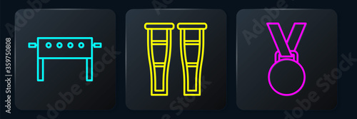 Set line Hockey table, Medal and Crutch or crutches. Black square button. Vector