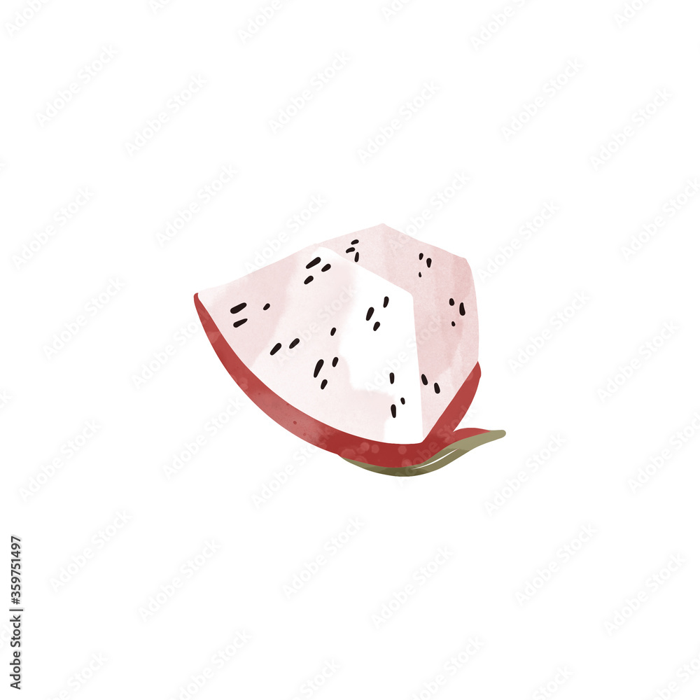 Kawaii pink pitaya fruit with pits. Sliced Slice Fruit. Textural watercolor digital flat art. Print for sticker, packaging, wrapping paper, social media post. Kawaii pink pitaya fruit with pits. Sliced Slice Fruit. Textural watercolor digital flat art. Print for sticker, packaging, wrapping paper, social media post.