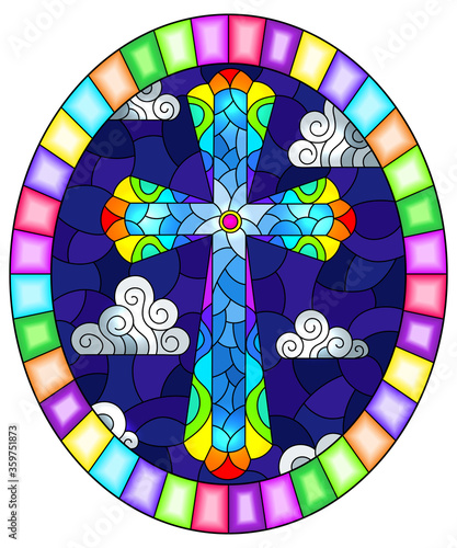 Illustration in stained glass style with bright cross on a background of blue night sky and clouds,oval image in bright frame