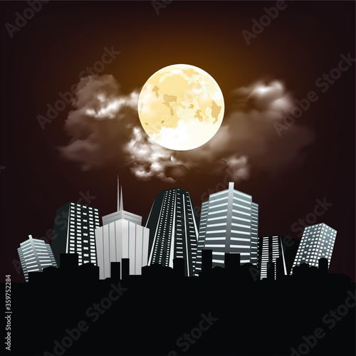 Stunning full moon and clouds over generic city skyline with copy space for own text