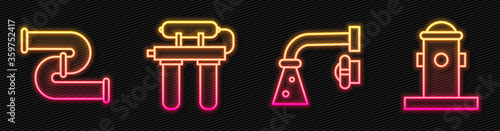 Set line Water tap, Industry metallic pipe, Water filter and Fire hydrant. Glowing neon icon. Vector