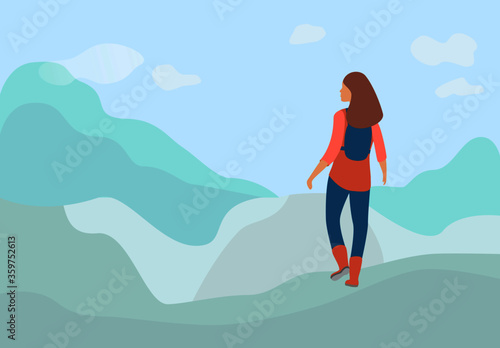 Tourist, travel blogger woman hiking in mountains, vector illustration of explorer, traveller with backpack