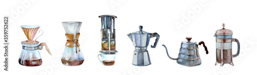 Fotografija Watercolor set of modern coffee makers for brewing specialty coffee by alternati