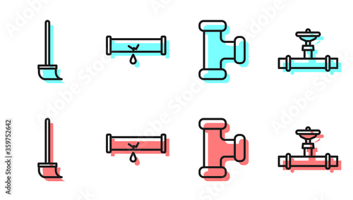 Set line Industry metallic pipe, Mop, Broken pipe with leaking water and Industry pipe and valve icon. Vector.