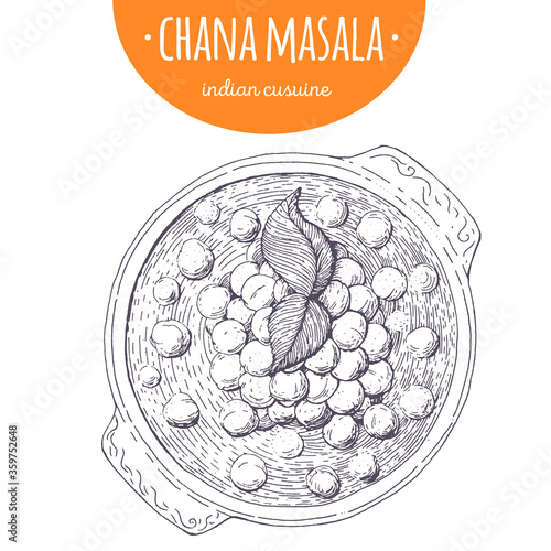 Chana masala top view vector illustration. Indian cuisine. Linear graphic.