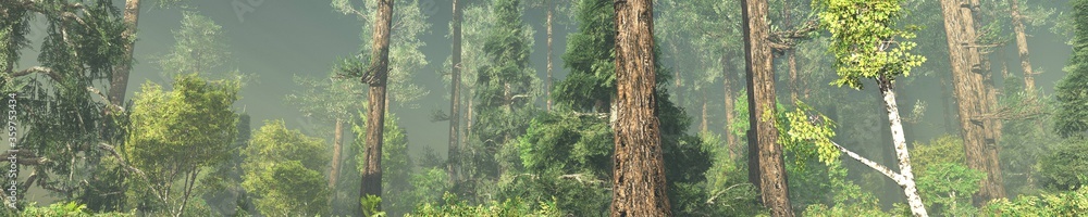 Fototapeta premium Forest in the morning in a fog in the sun, trees in a haze of light, glowing fog among the trees, 3D rendering