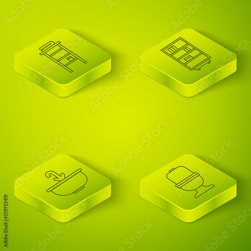 Set Isometric Library bookshelf, Washbasin with water tap, Toilet bowl and Bathroom rack with shelves for towels icon. Vector.