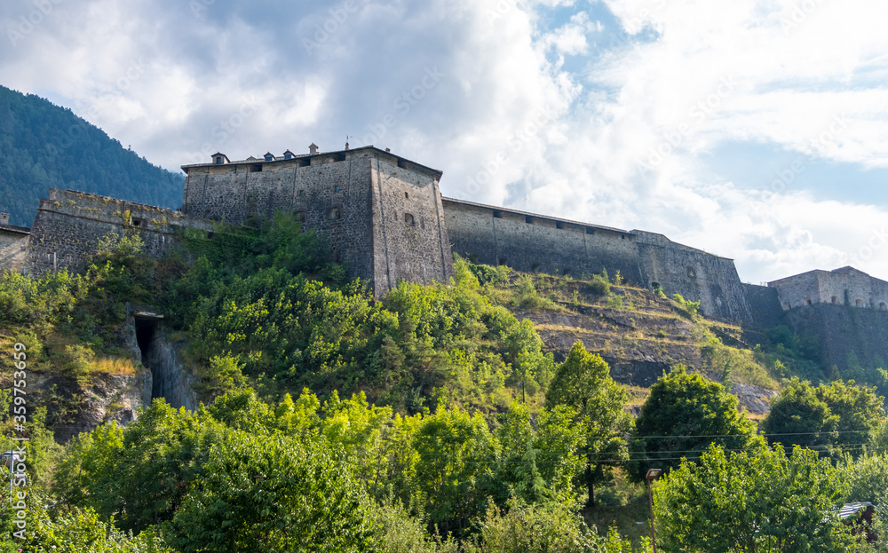 Exilles, Italy - August 21, 2019: The Exilles Fort is a fortified complex in the Susa Valley, Metropolitan City of Turin, Piedmont, northern Italy