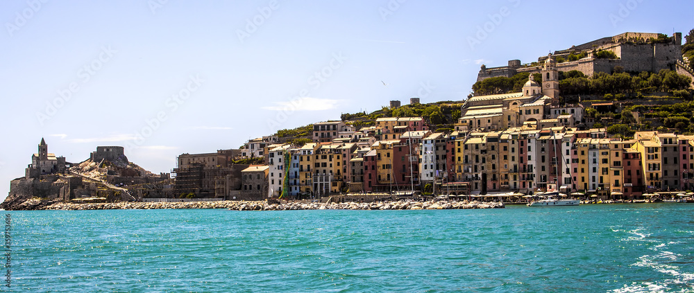 Portovenere scenic and iconic pastel colorful coast town in Cinque Terre area in Liguria, Italy