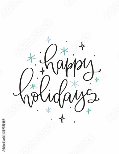 Happy holidays Christmas greeting card vector design. Mint, blue snowflakes and handwritten modern calligraphy text for a winter celebration gift tag. 