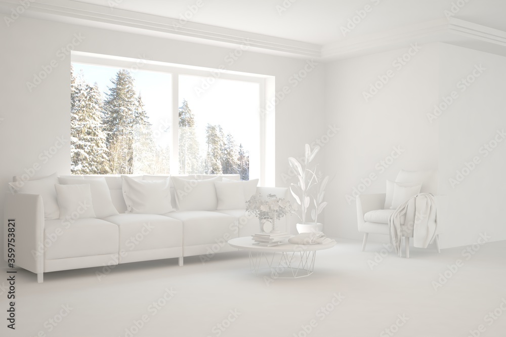 Fototapeta premium White minimalist living room with sofa. Scandinavian interior design. 3D illustration