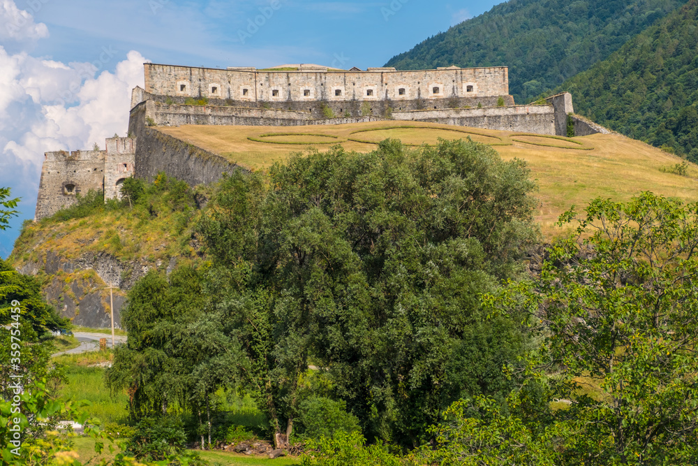 Exilles, Italy - August 21, 2019: The Exilles Fort is a fortified complex in the Susa Valley, Metropolitan City of Turin, Piedmont, northern Italy Exilles, Italy - August 21, 2019: The Exilles Fort is a fortified complex in the Susa Valley, Metropolitan City of Turin, Piedmont, northern Italy