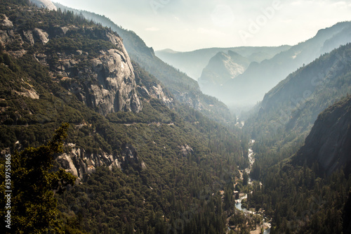 River valley covered with mist in the Yosemite National Park