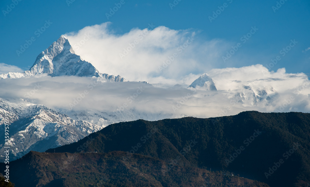 The Annapurna massif in the Himalayas covered in snow and ice Nepal Asia