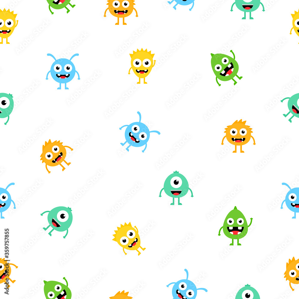 Seamless pattern cartoon cute monsters background. Halloween design vector illustration isolated on white background Seamless pattern cartoon cute monsters background. Halloween design vector illustration isolated on white background