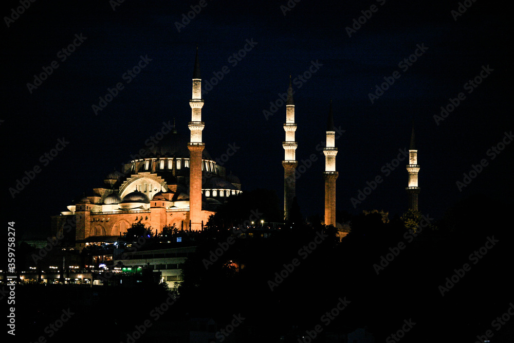 View of Suleymaniye Mosque at night.