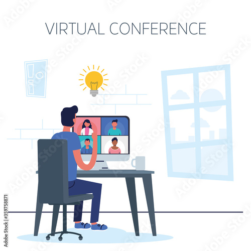 man using desktop in virtual conference communication
