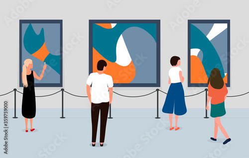 Visitors of classic art gallery or museum viewing exhibits. Museum visitors looking at the painting hanging on gallery wall, people viewing museum exhibit. Colorful vector illustration in flat style.