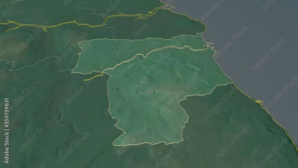 Sunderland, unitary authority with its capital, zoomed and extruded on the relief map of England in the conformal Stereographic projection. Animation 3D Sunderland, unitary authority with its capital, zoomed and extruded on the relief map of England in the conformal Stereographic projection. Animation 3D