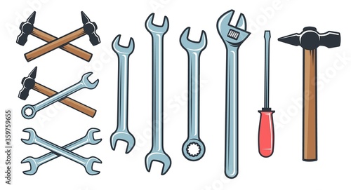 Mechanical tools hardware - spanner wrench screwdriver. Hammer retro style. Crossed spanner icon. Vector illustration.