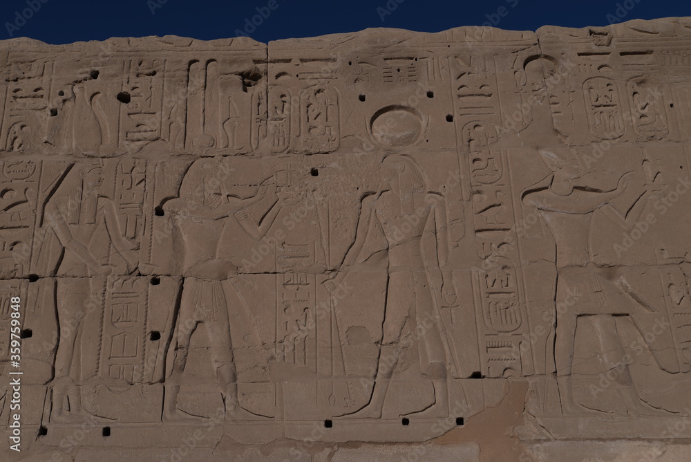 ANCIENT EGYPT ART. TEMPLES, STATUES. HIEROGLYPHS AND RELIEFS IN LUXOR. 