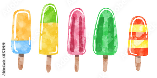 Watercolor ice cream and ice lolly isolated on white, watercolor clip art illustration. Frozen juice on a stick set, hand drawn clip art.