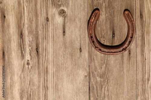 Horseshoe on a wood grain patterned door, symbol of good luck horseshoe top right of frame 