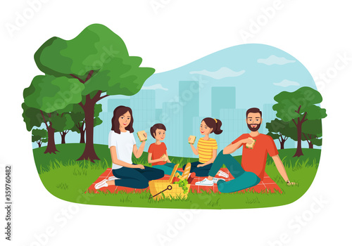Mother, father, daughter and son sitting with a picnic basket. Сoncept of young happy family having a picnic in a city park, spending time together outdoors, active weekend.Cartoon vector illustration