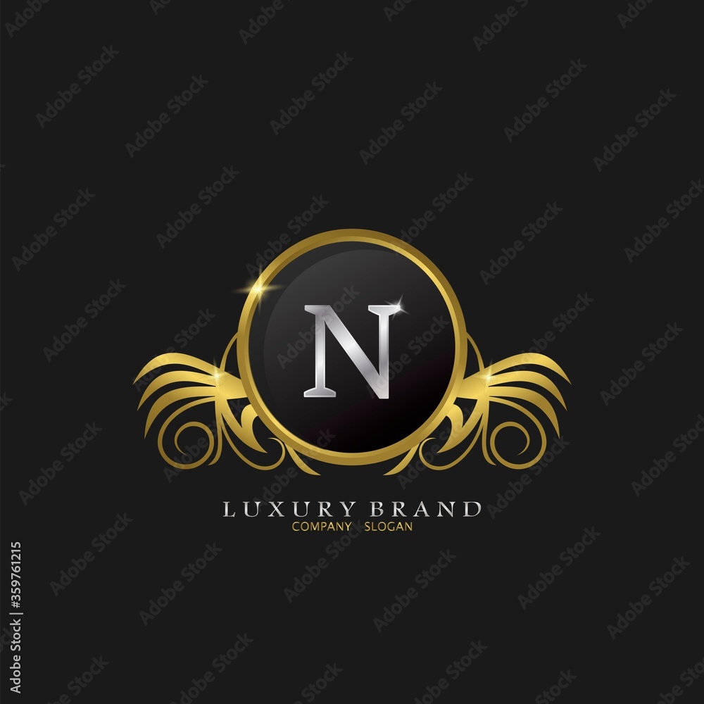 Letter N Golden Circle Shield Luxury Brand Logo, vector design concept for initial, luxury business, hotel, wedding service, boutique, decoration and more brands. Letter N Golden Circle Shield Luxury Brand Logo, vector design concept for initial, luxury business, hotel, wedding service, boutique, decoration and more brands.