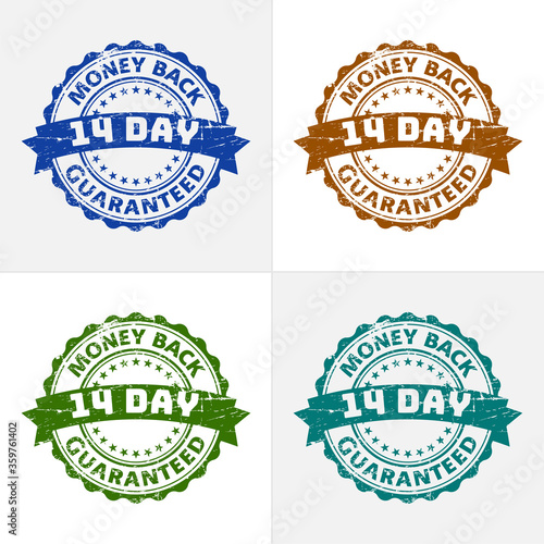 Grunge reliable 14-day money-back guarantee badge with four color variants isolated on white background. Vector illustration, eps 10.