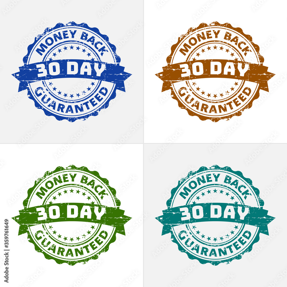 Grunge reliable 30-day money-back guarantee badge with four color variants isolated on white background. Vector illustration, eps 10.