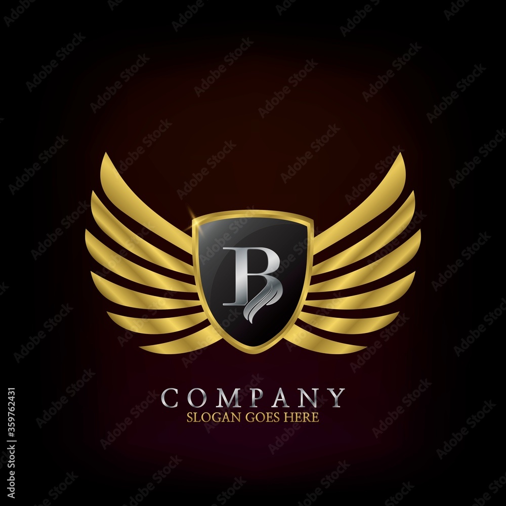 Obraz premium Golden Wing Shield Luxury Initial Letter B logo design concept.