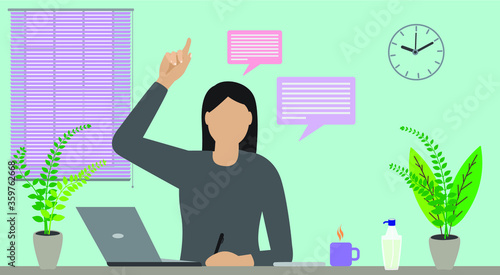 Asian lady got some questions. Attending conference meeting, group of young people sitting on together while one female raising her hand concept India stock Illustration